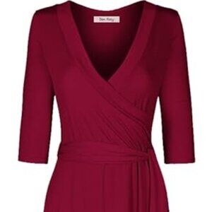 NEW Long Maxi DRESS L 12 14 Burgundy 3/4 Sleeve V-Neck Wrap Spandex Bon Rosy
